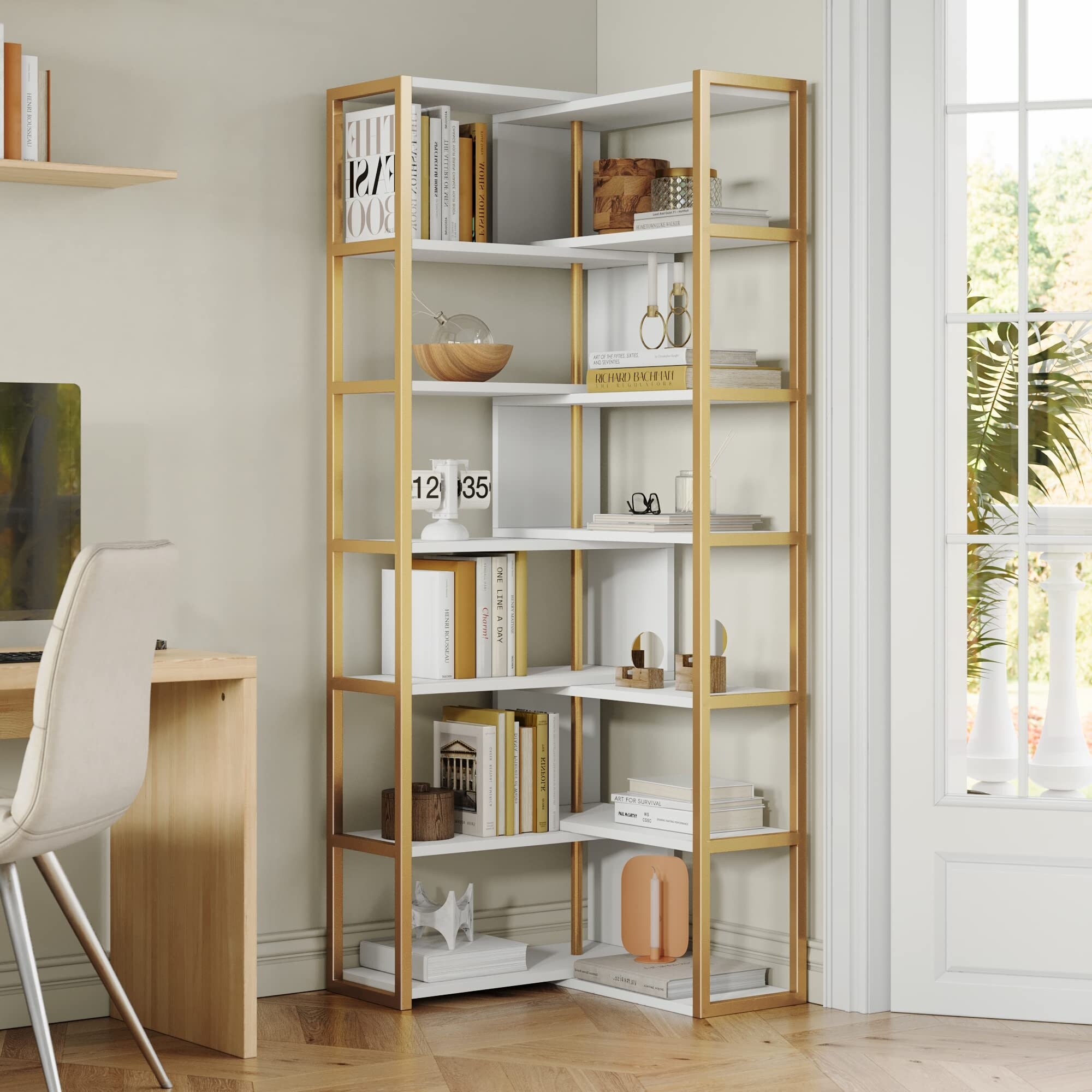 Industrial 7 Tier Rotating Bookshelf Double Wide Bookcase OpenundefinedEtagereundefinedBookcase Wood Corner Shelf with Metal Frame Bed Bath Beyond 39899786